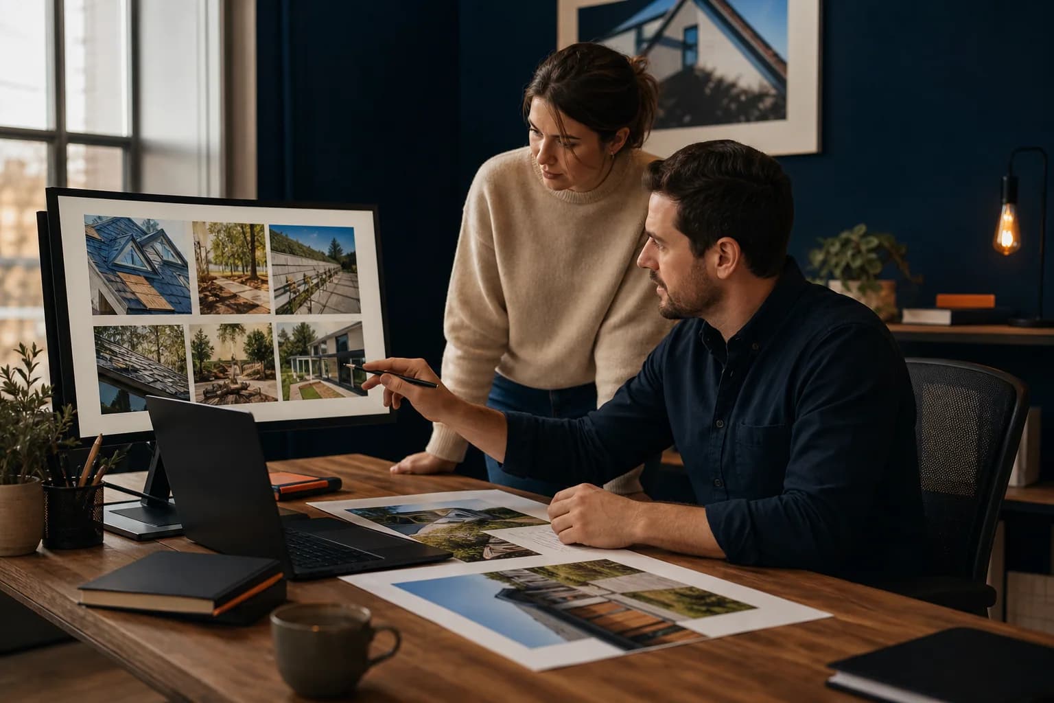An agency team organizing finished contractor project photography