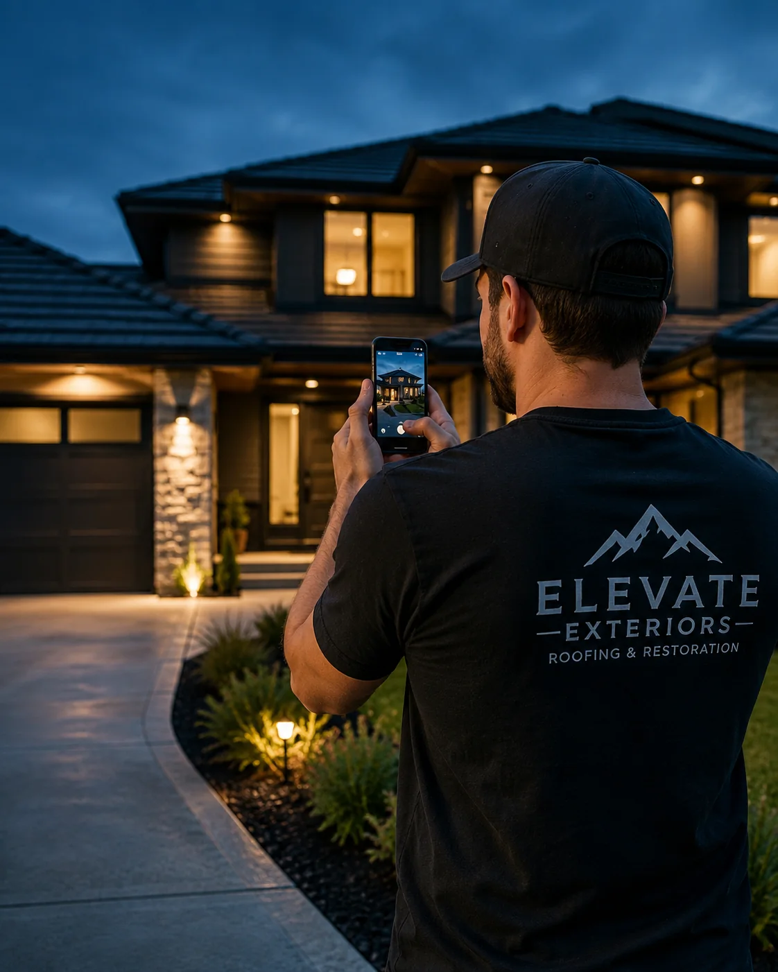 Contractor documenting a completed home exterior